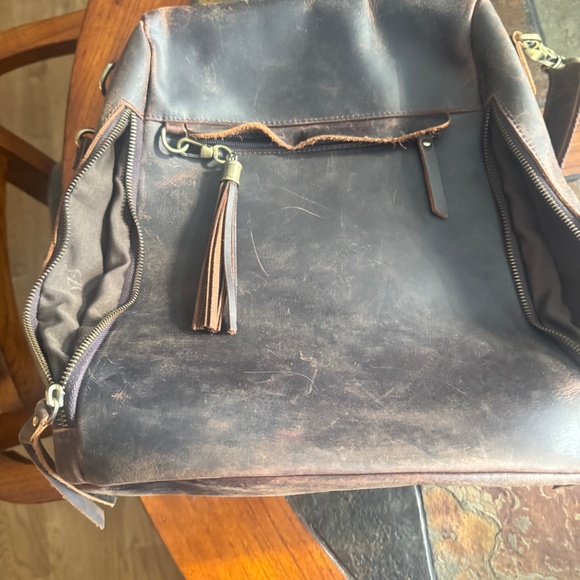 Brown Cognac Distressed Leather Backpack Tassel